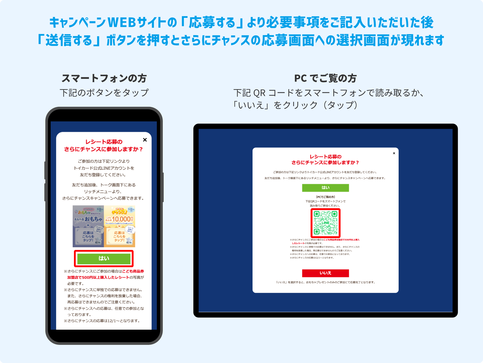 キャンペーンWEBサイトの「応募する」より必要事項をご記入いただいた後「送信する」ボタンを押すとさらにチャンスの応募画面への選択画面が現れます