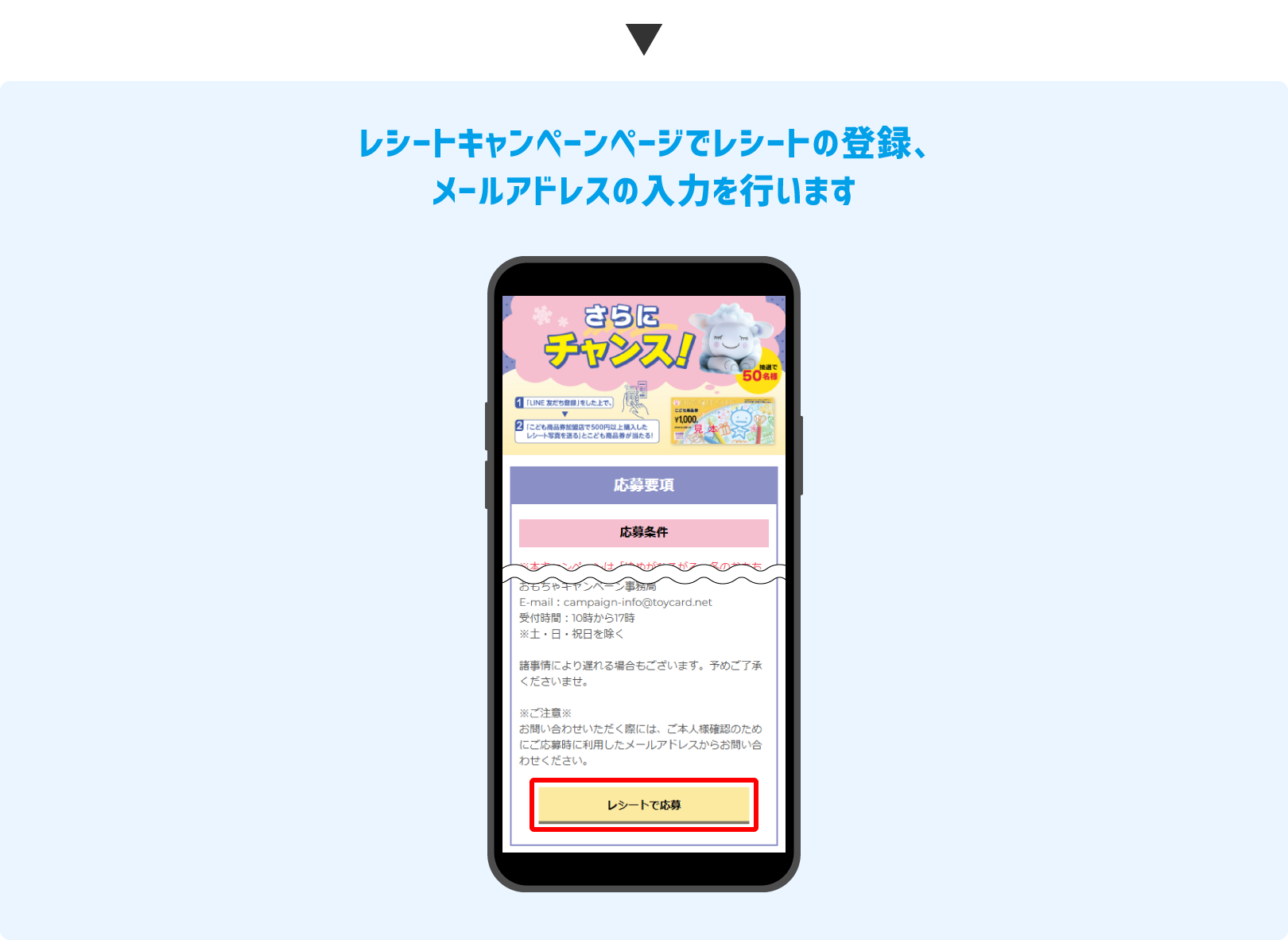 レシートキャンペーンページでレシートの登録、メールアドレスの入力を行います